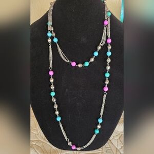NWT Silver Multi-Strand Necklace with Turquoise & Hot Pink Beads